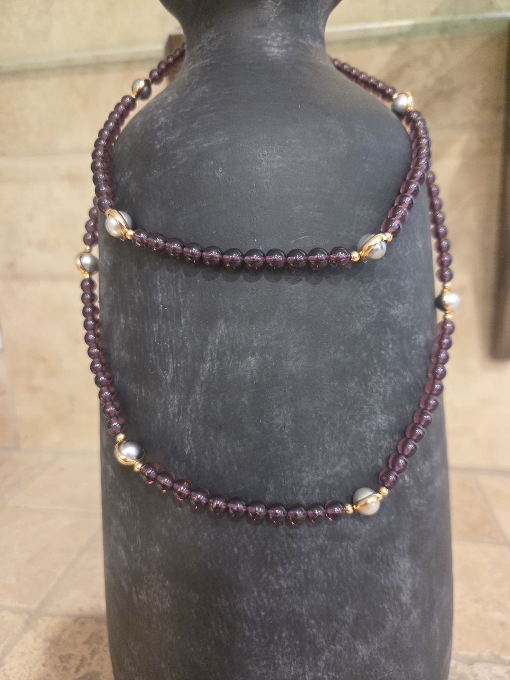 Purple Beaded Necklace with Gold And Pearl Accents - Women Jewelry